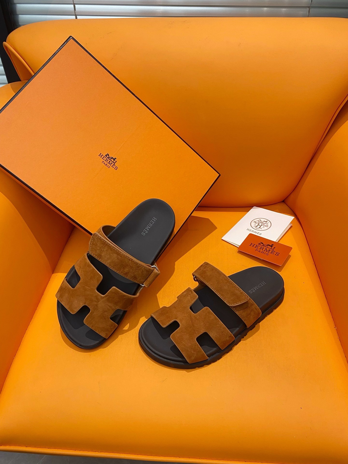 Hermes Men's Chypre Sandals in Brown Suede Calfskin