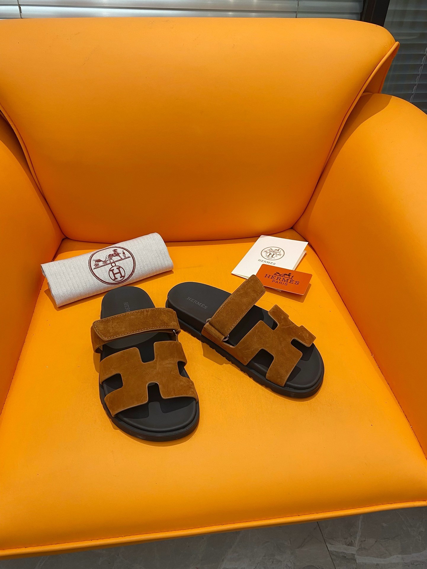 Hermes Men's Chypre Sandals in Brown Suede Calfskin