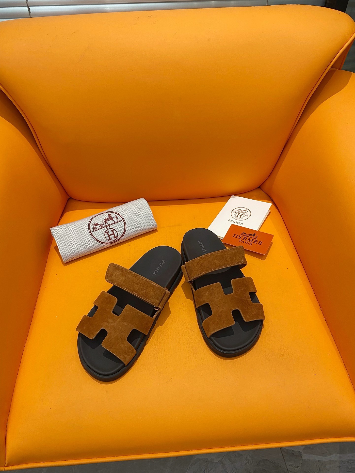 Hermes Men's Chypre Sandals in Brown Suede Calfskin