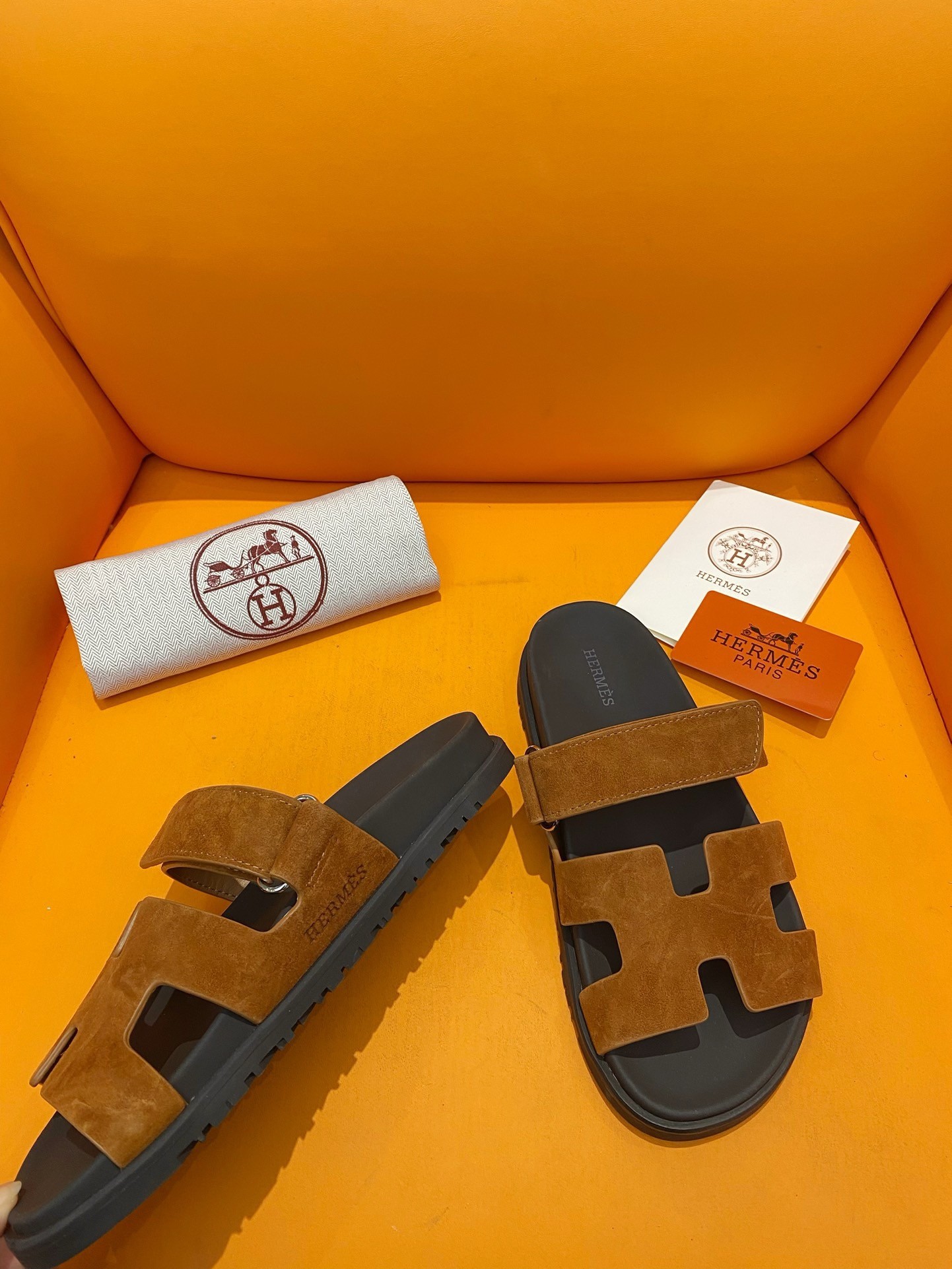 Hermes Men's Chypre Sandals in Brown Suede Calfskin