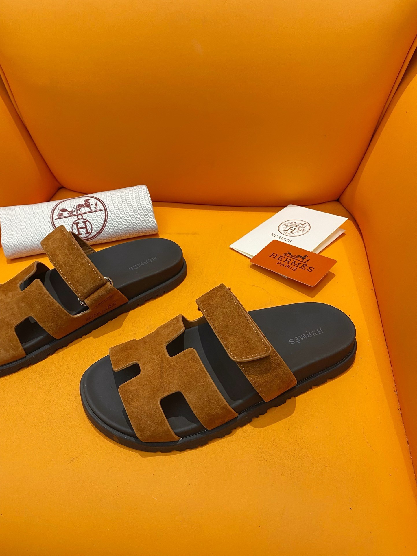 Hermes Men's Chypre Sandals in Brown Suede Calfskin
