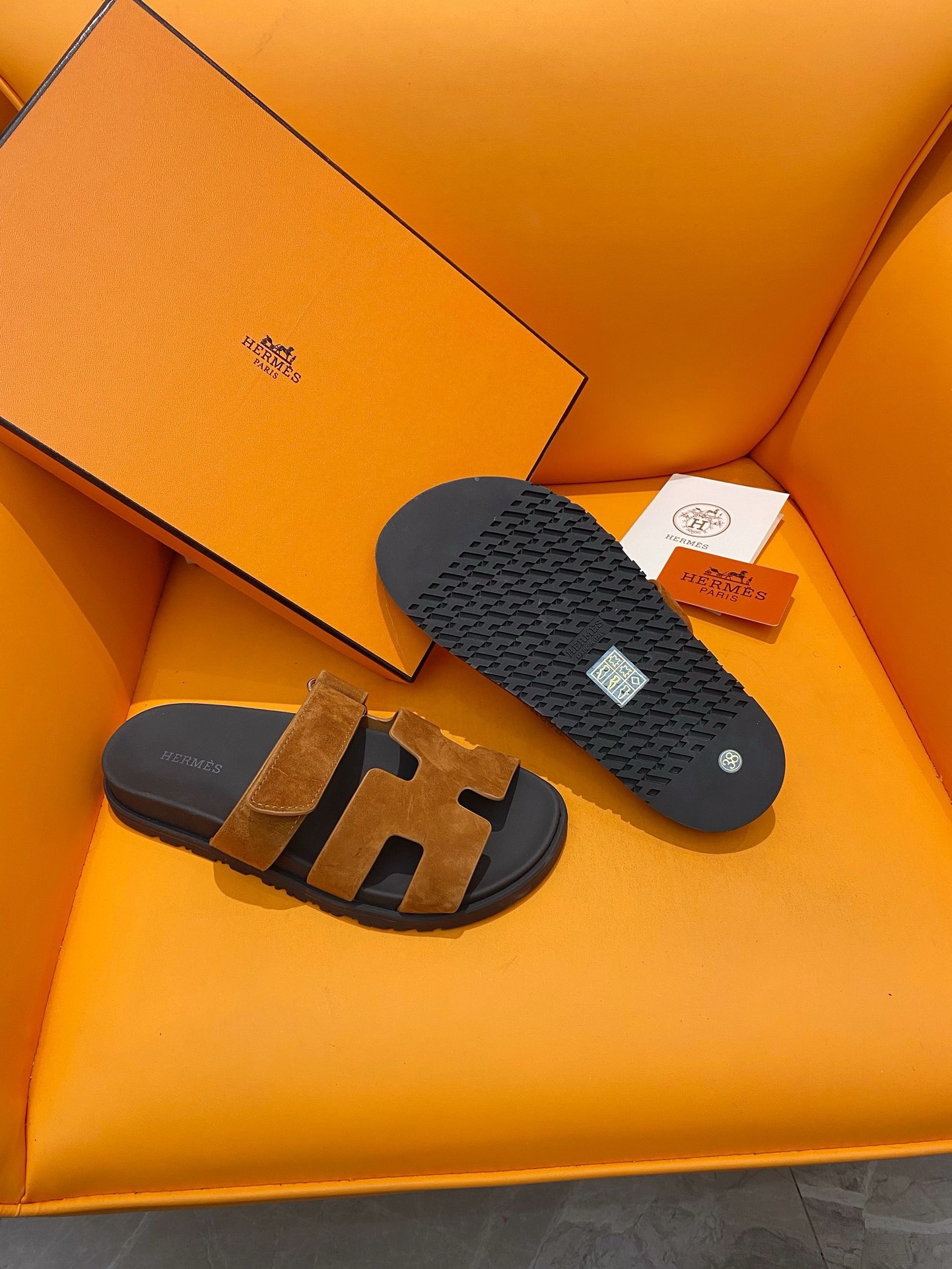 Hermes Men's Chypre Sandals in Brown Suede Calfskin