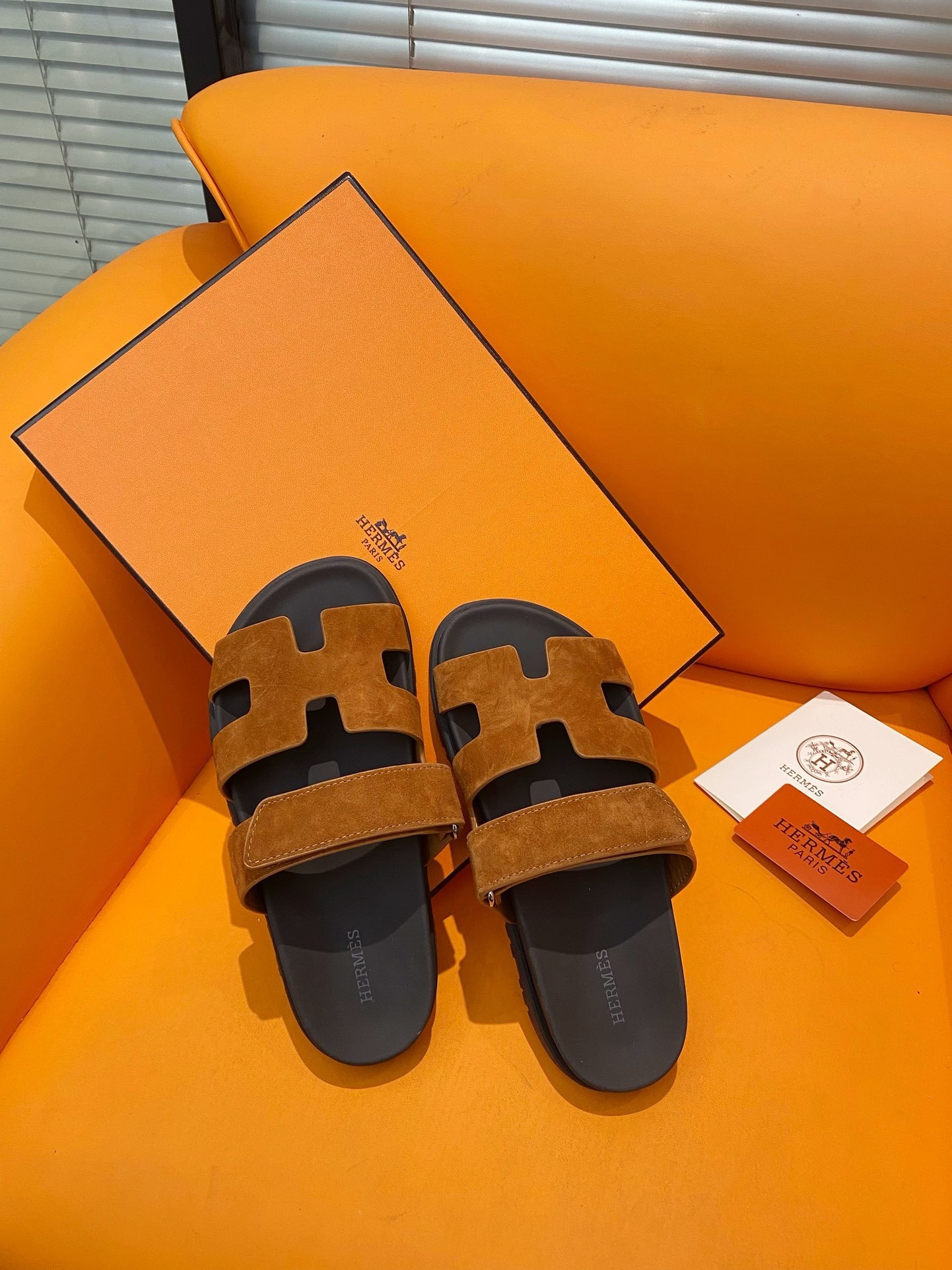 Hermes Men's Chypre Sandals in Brown Suede Calfskin