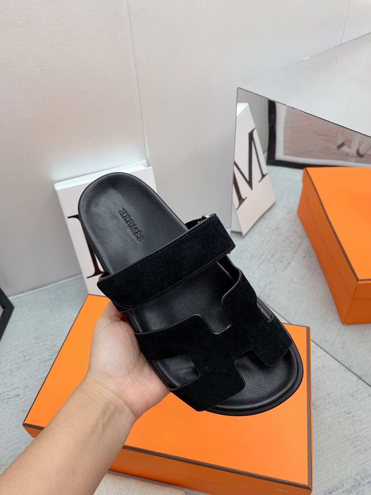 Hermes Men's Chypre Sandals in Black Suede Calfskin