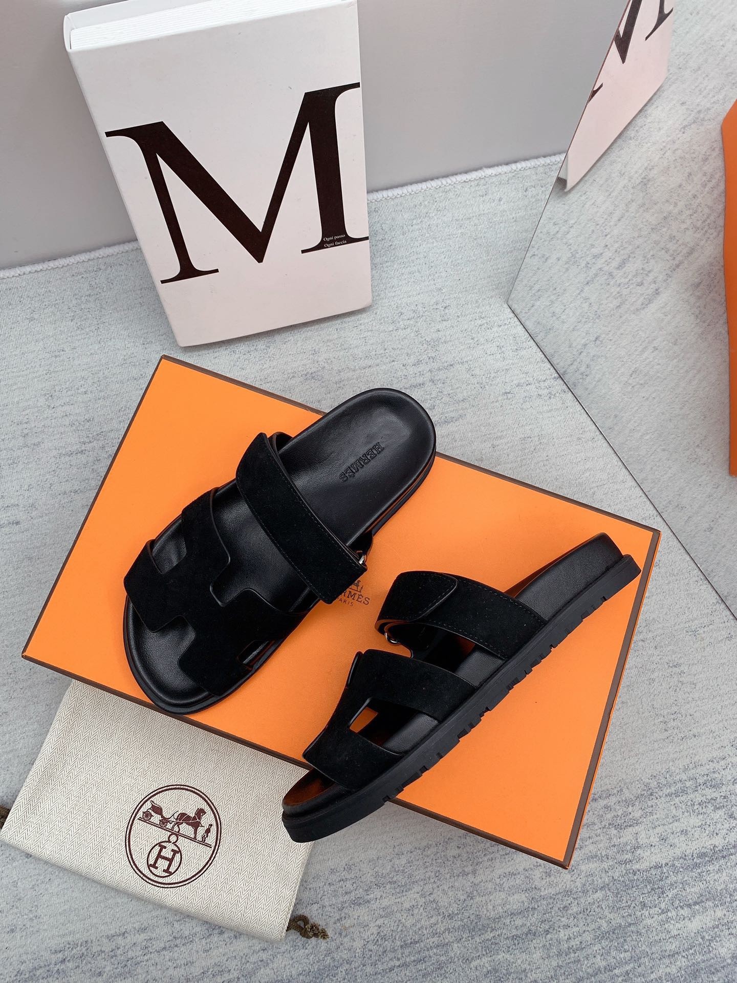 Hermes Men's Chypre Sandals in Black Suede Calfskin