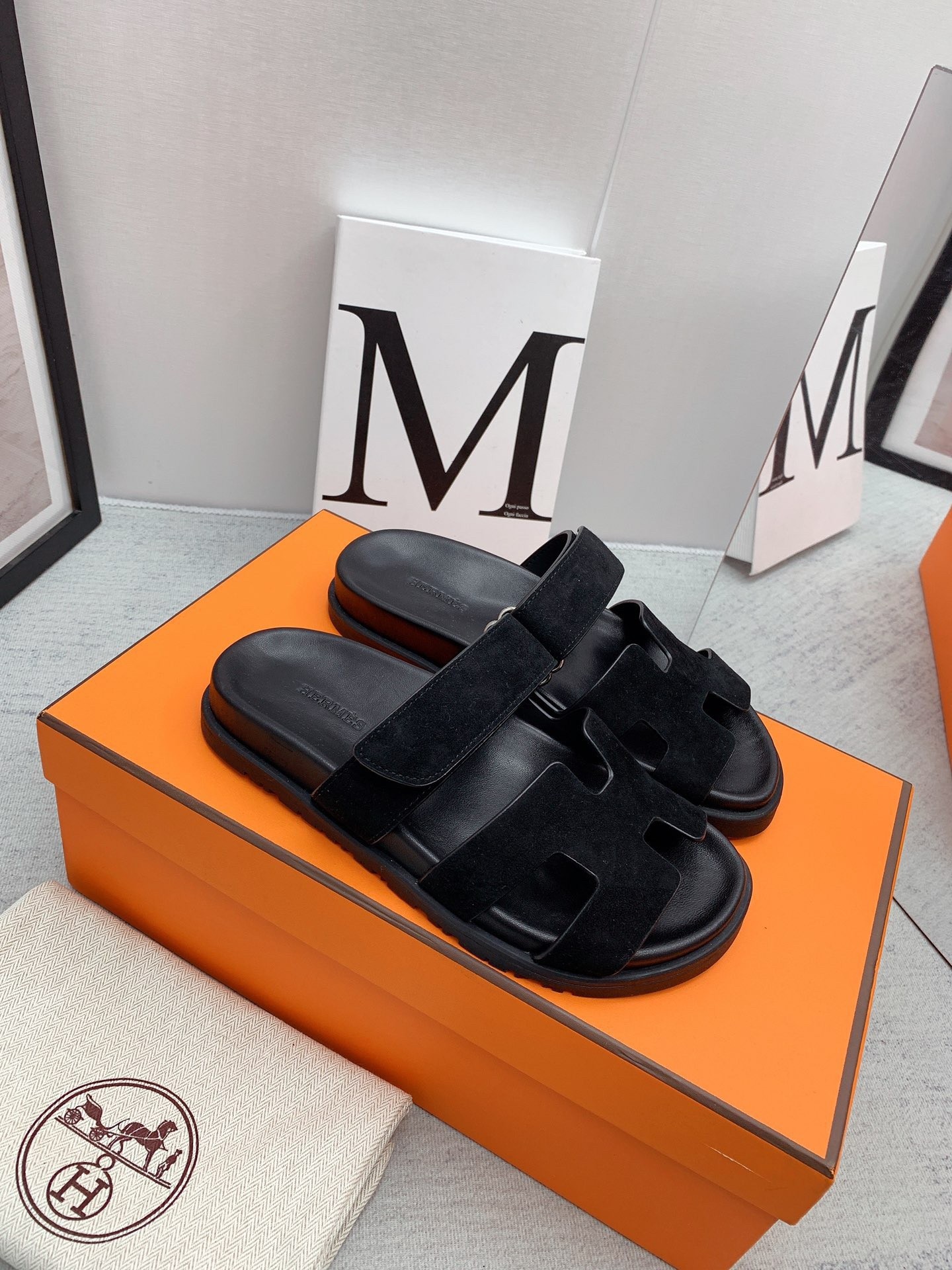 Hermes Men's Chypre Sandals in Black Suede Calfskin