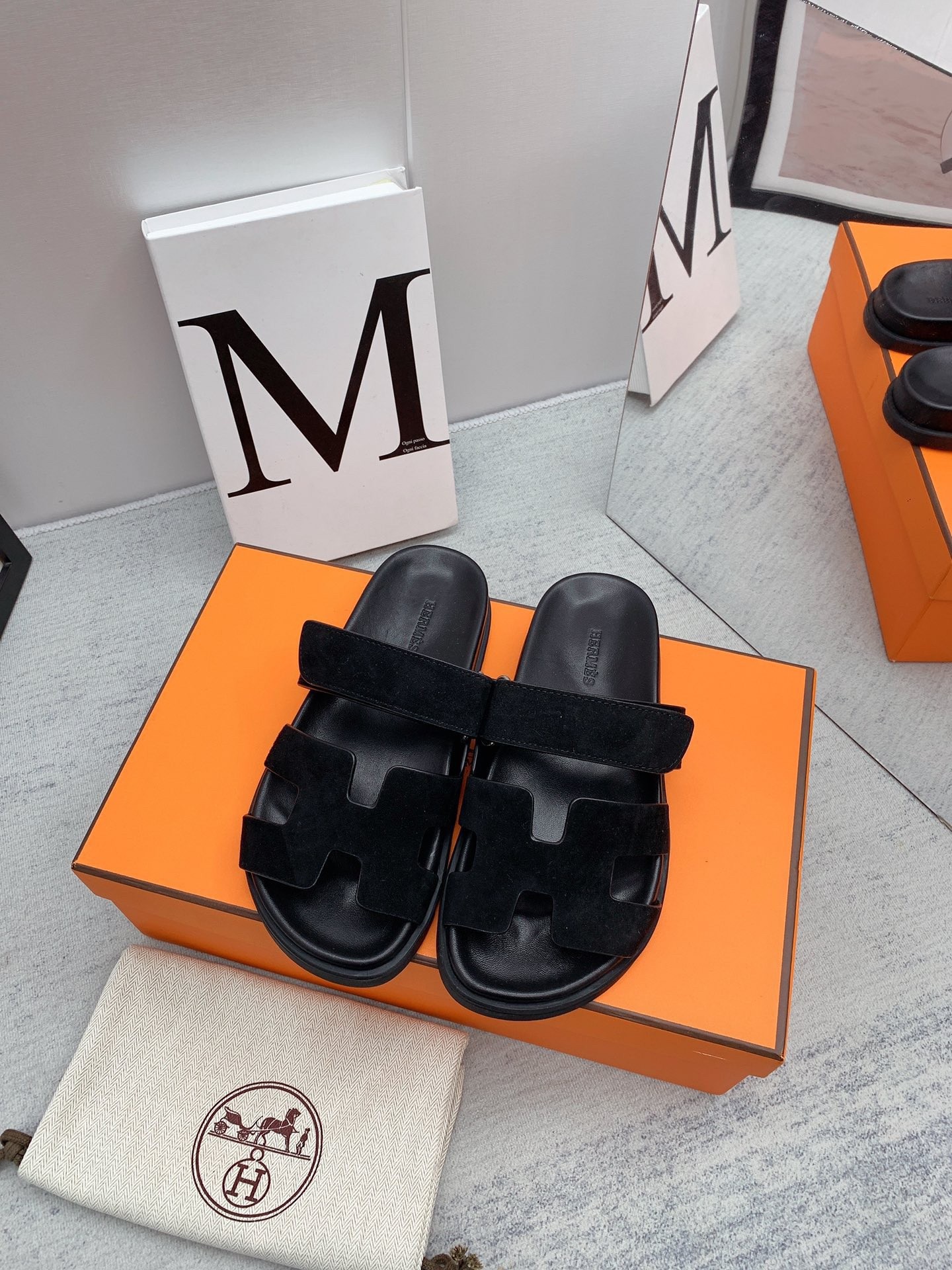 Hermes Men's Chypre Sandals in Black Suede Calfskin