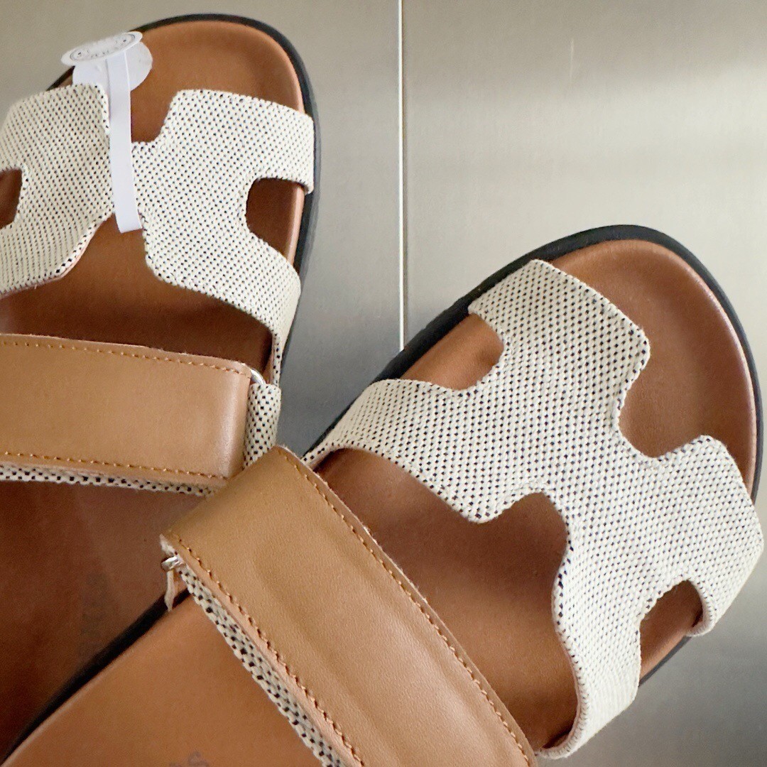 Hermes Women's Chypre Sandals In Canvas with Brown Leather