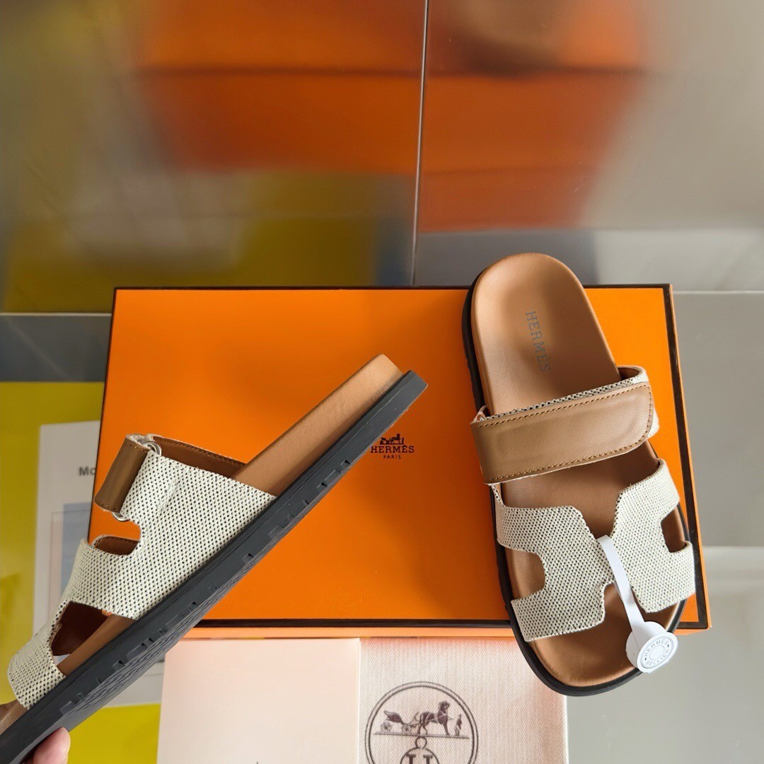 Hermes Women's Chypre Sandals In Canvas with Brown Leather