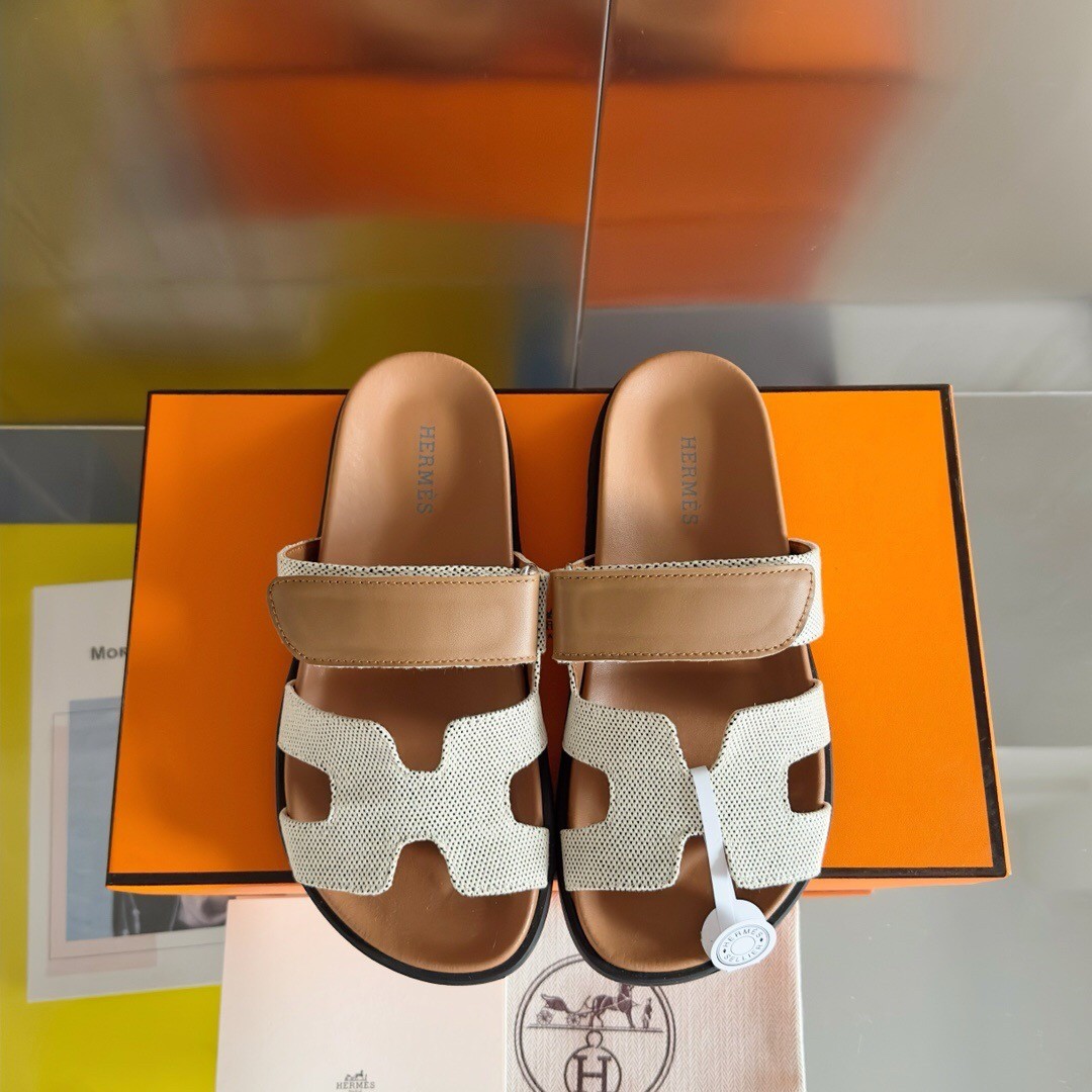 Hermes Women's Chypre Sandals In Canvas with Brown Leather