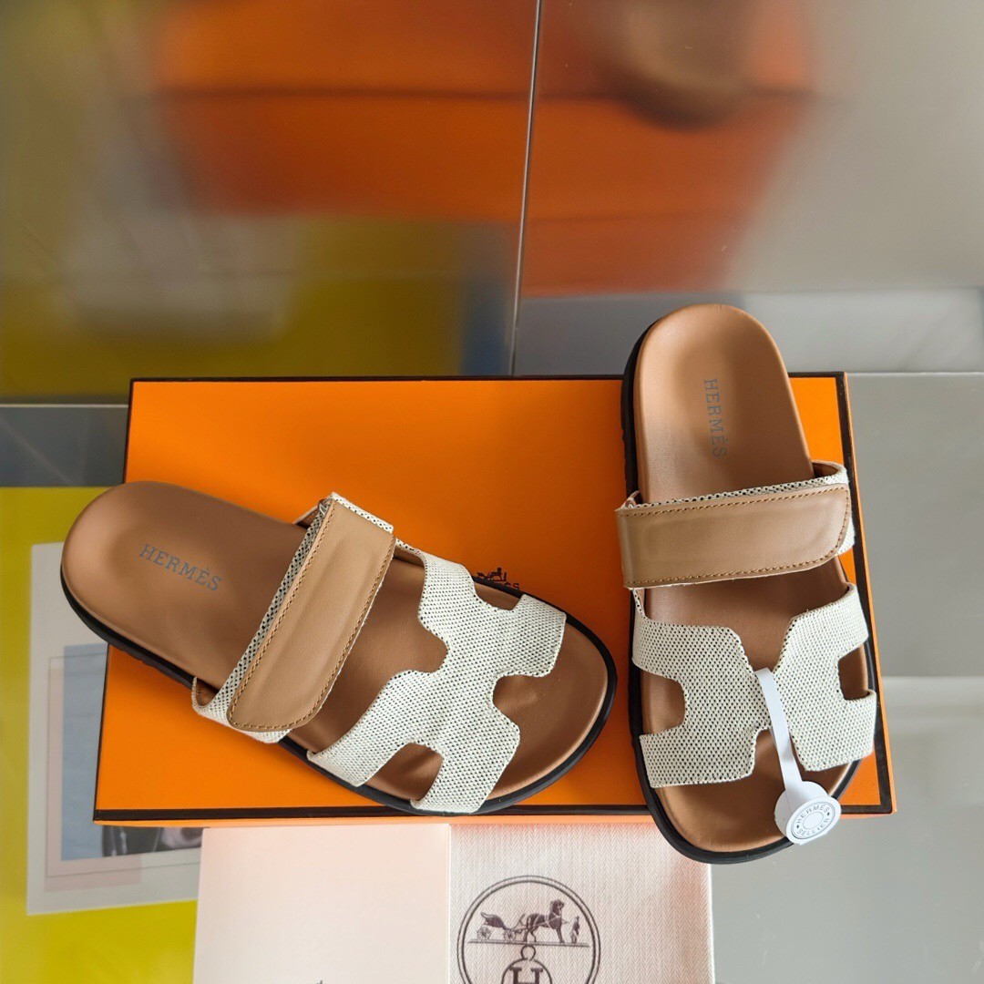 Hermes Women's Chypre Sandals In Canvas with Brown Leather