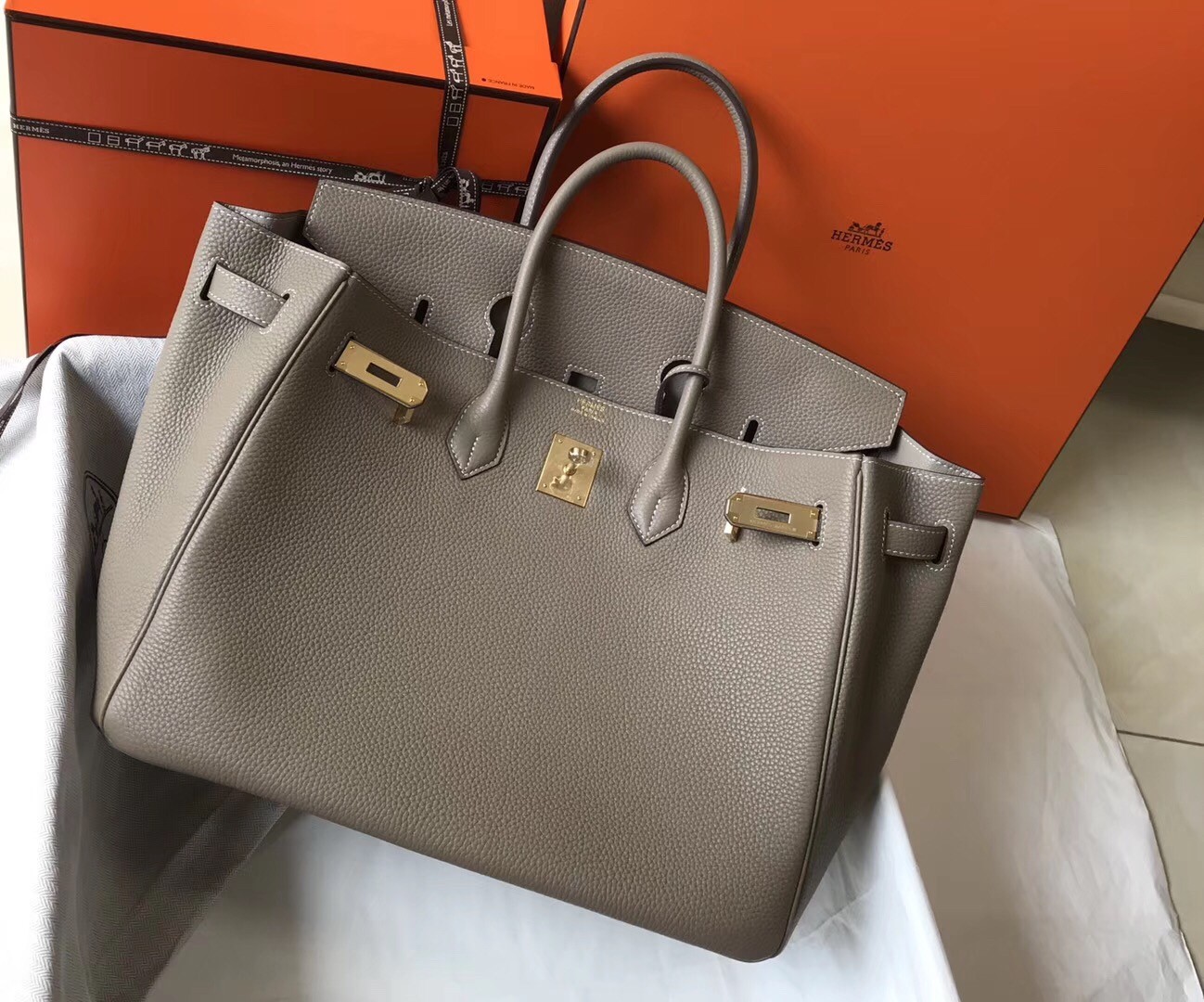 Hermes Grey Clemence Birkin 35cm Bag