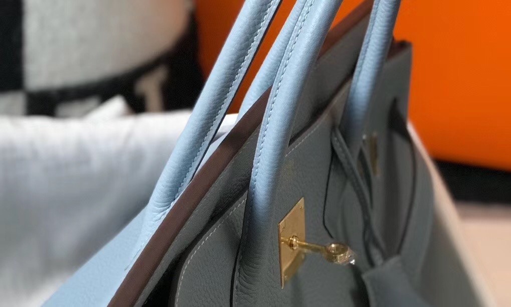 Hermes Blue Lin Clemence Birkin 35cm Bag