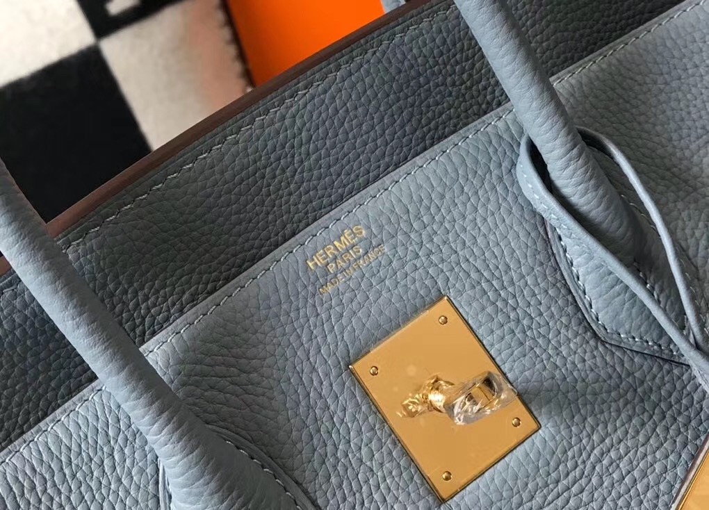 Hermes Blue Lin Clemence Birkin 35cm Bag