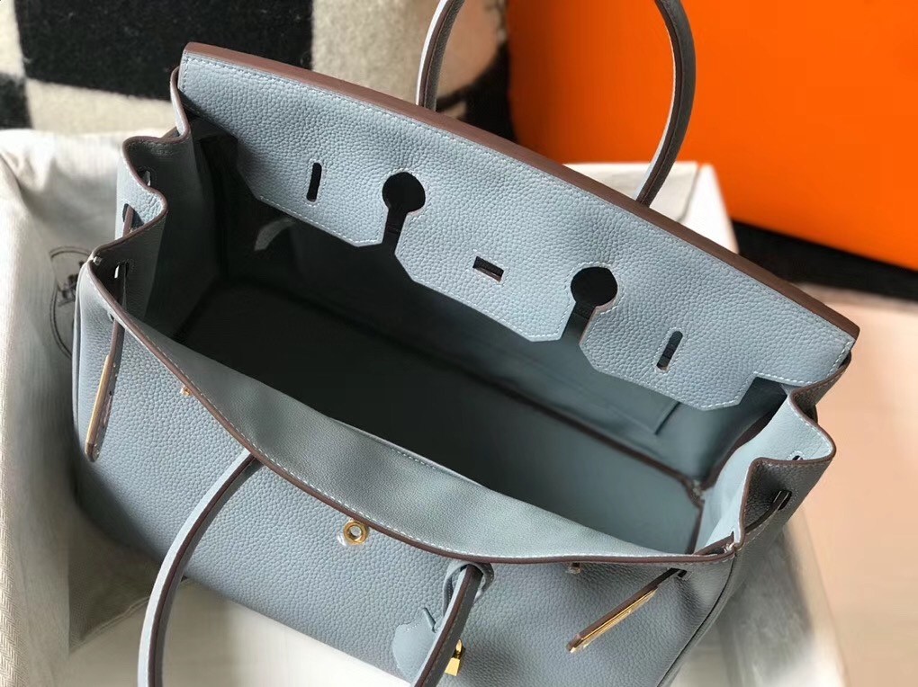Hermes Blue Lin Clemence Birkin 35cm Bag