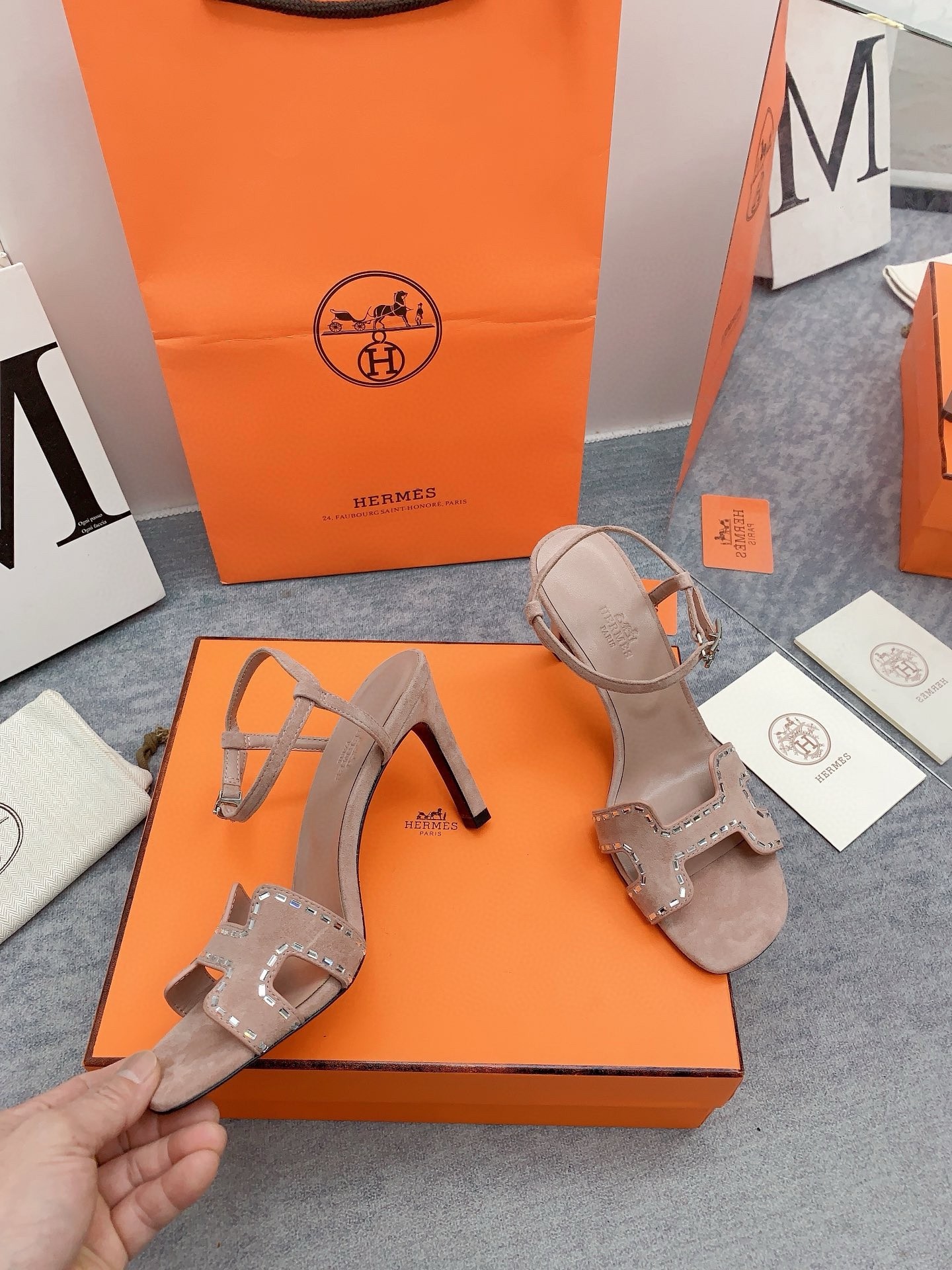 Hermes Heden 80 Sandals in Beige Suede Leather with Rhinestone