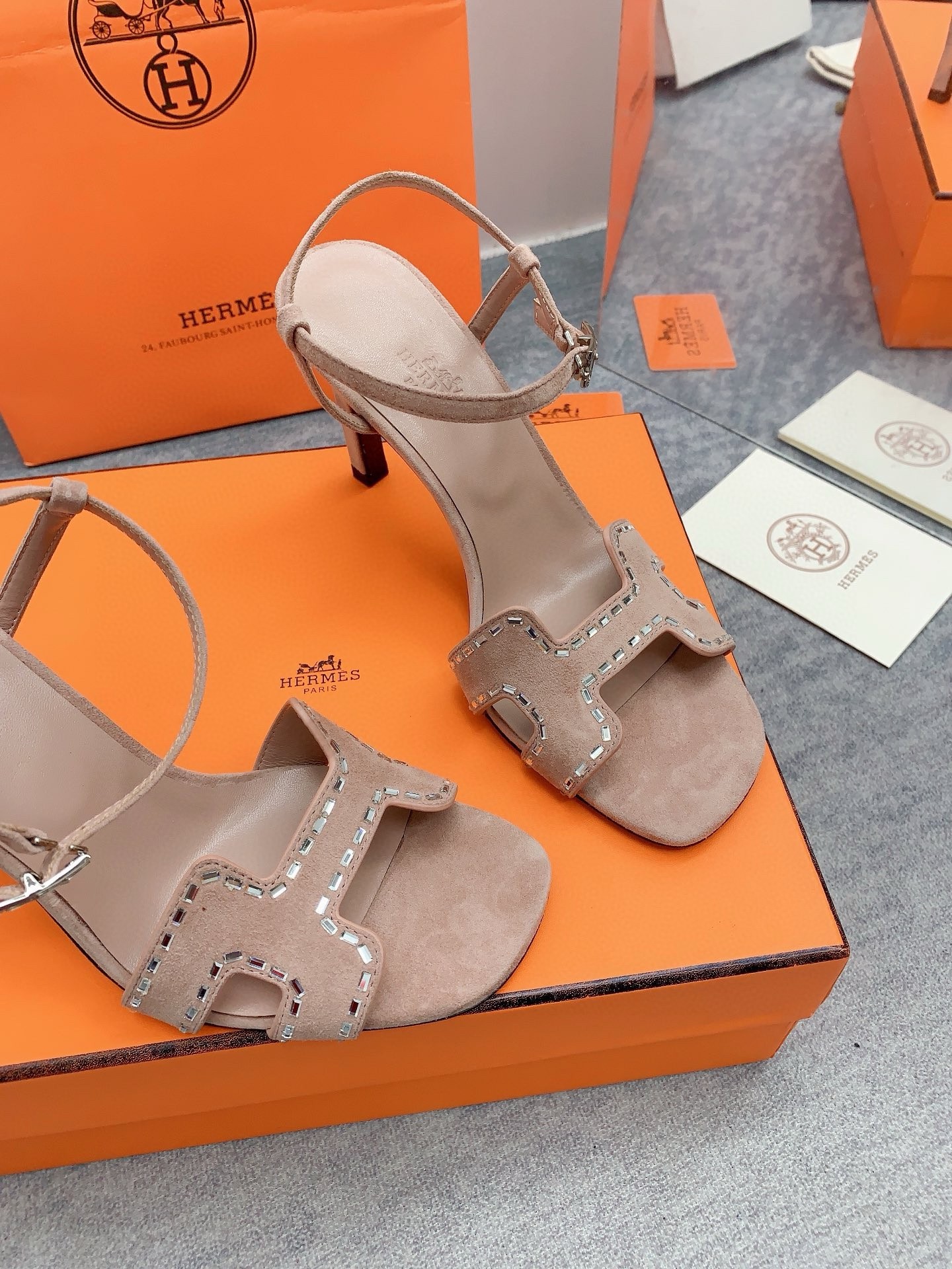 Hermes Heden 80 Sandals in Beige Suede Leather with Rhinestone