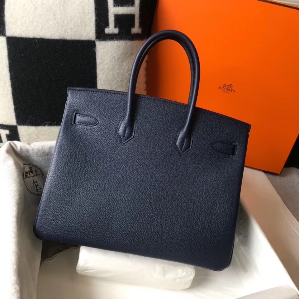 Hermes Navy Blue Clemence Birkin 35cm Bag