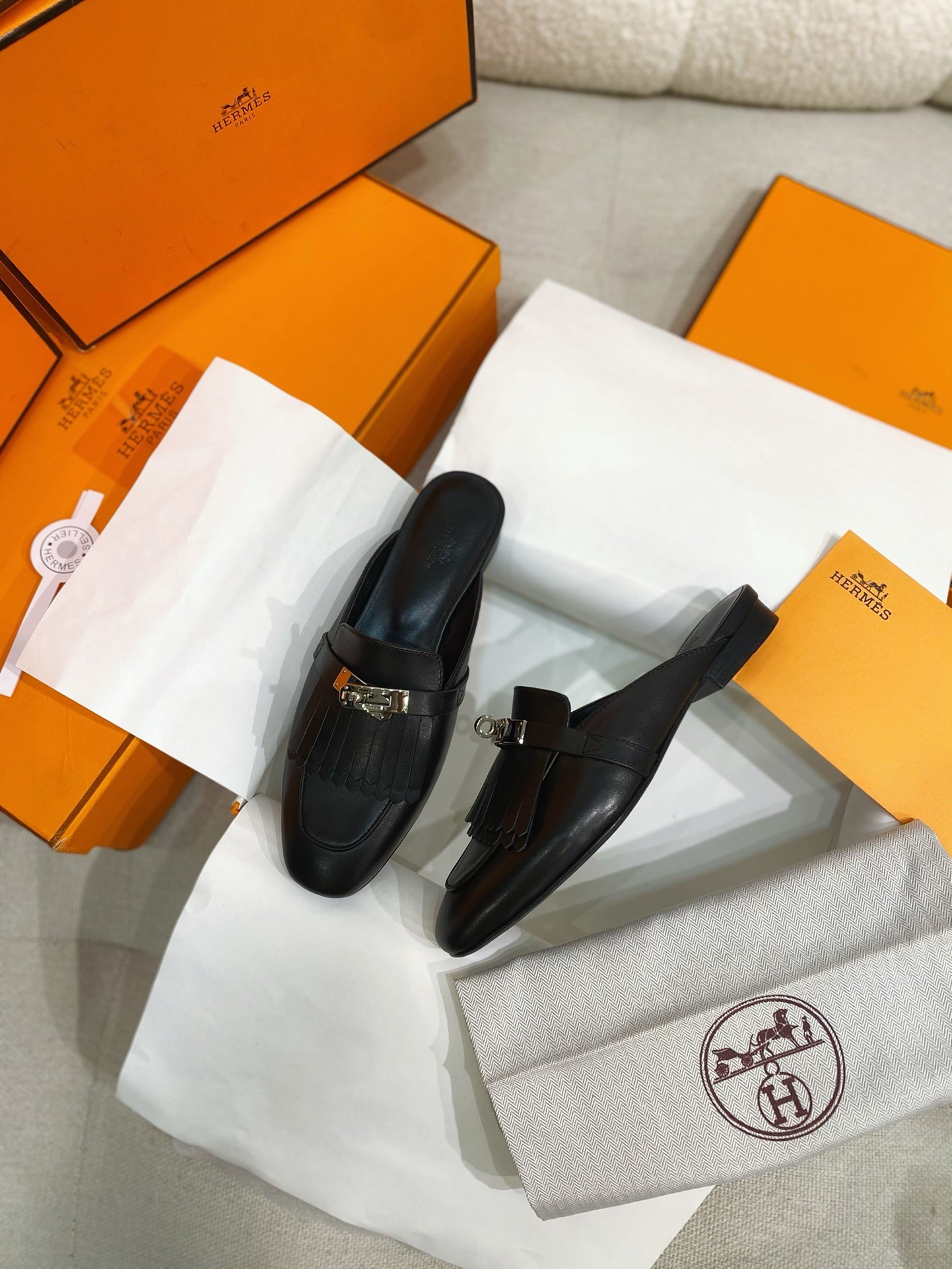 Hermes Women's Oz Mules with Fringed in Black Leather