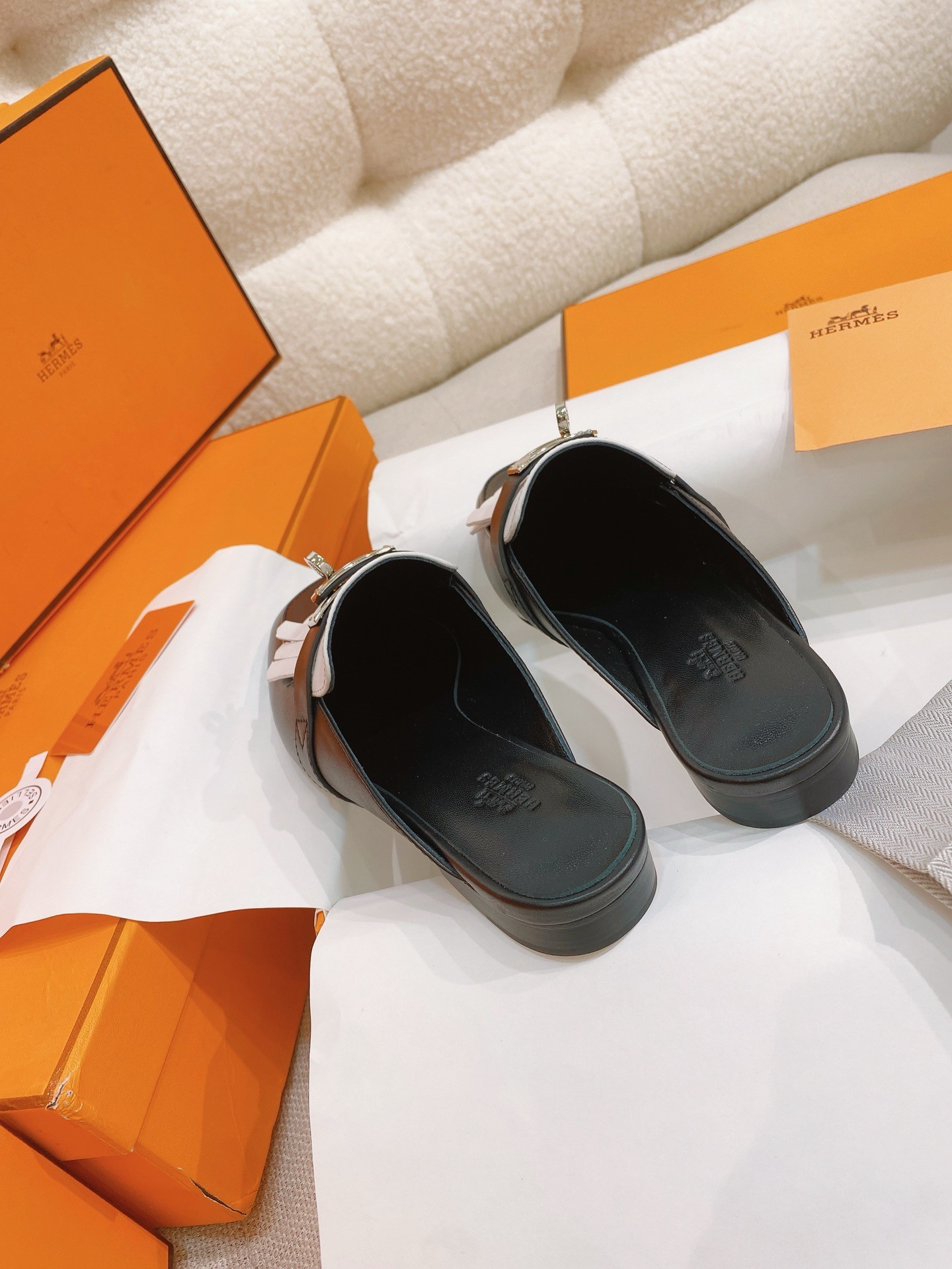 Hermes Women's Oz Mules with Fringed in Black/White Leather