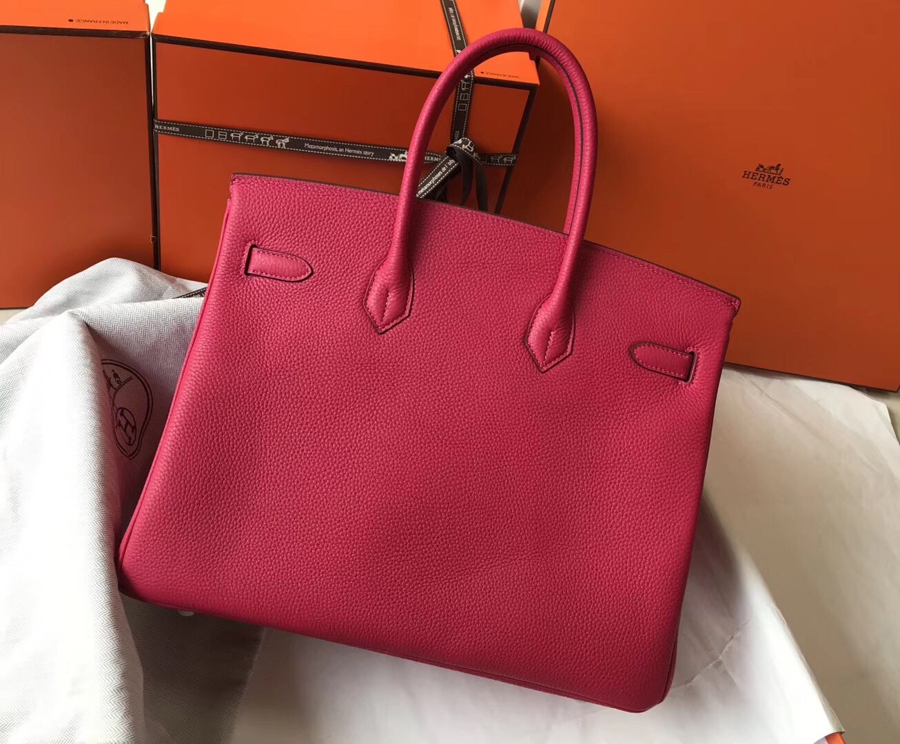 Hermes Rose Red Clemence Birkin 35cm Bag