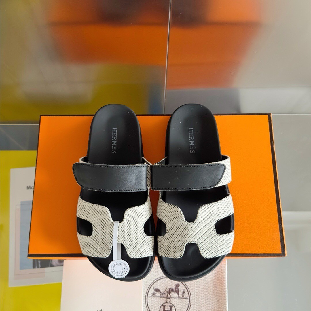 Hermes Men's Chypre Sandals In Canvas with Black Leather