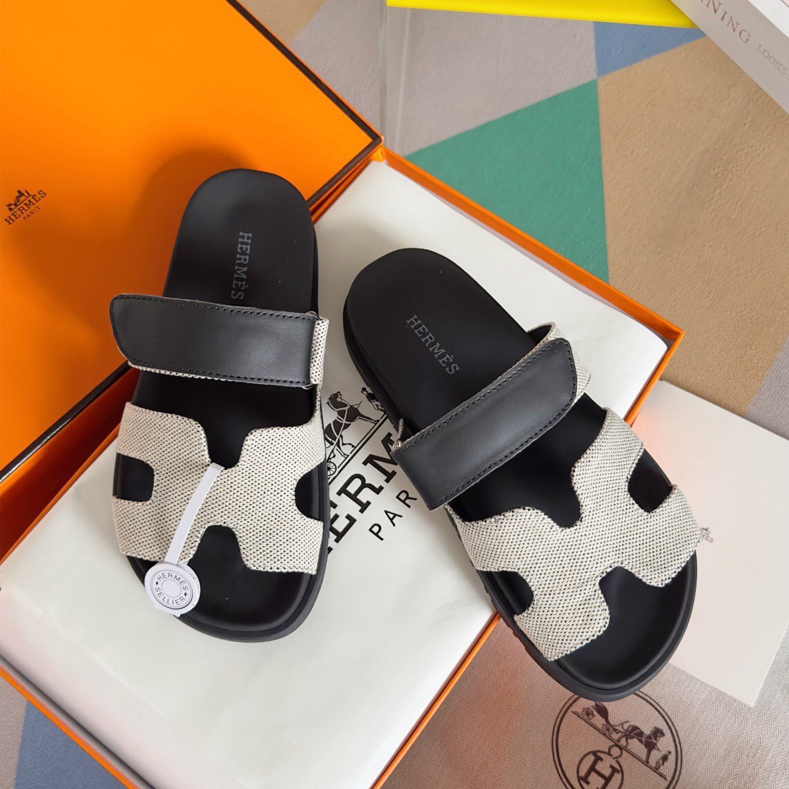 Hermes Men's Chypre Sandals In Canvas with Black Leather