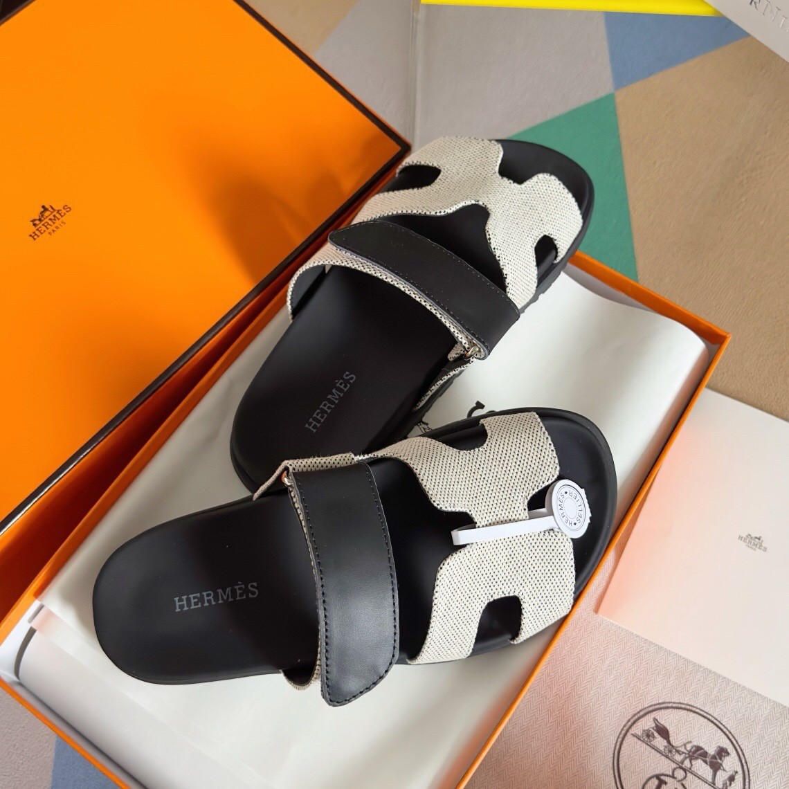 Hermes Men's Chypre Sandals In Canvas with Black Leather