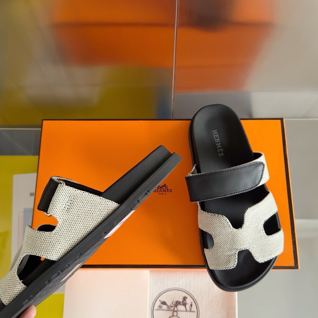 Hermes Men's Chypre Sandals In Canvas with Black Leather