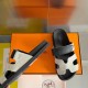 Hermes Men's Chypre Sandals In Canvas with Black Leather