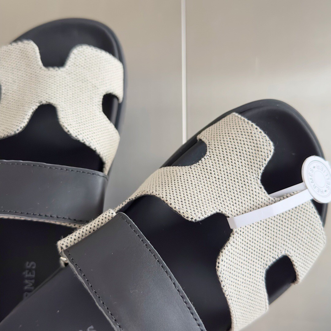 Hermes Men's Chypre Sandals In Canvas with Black Leather