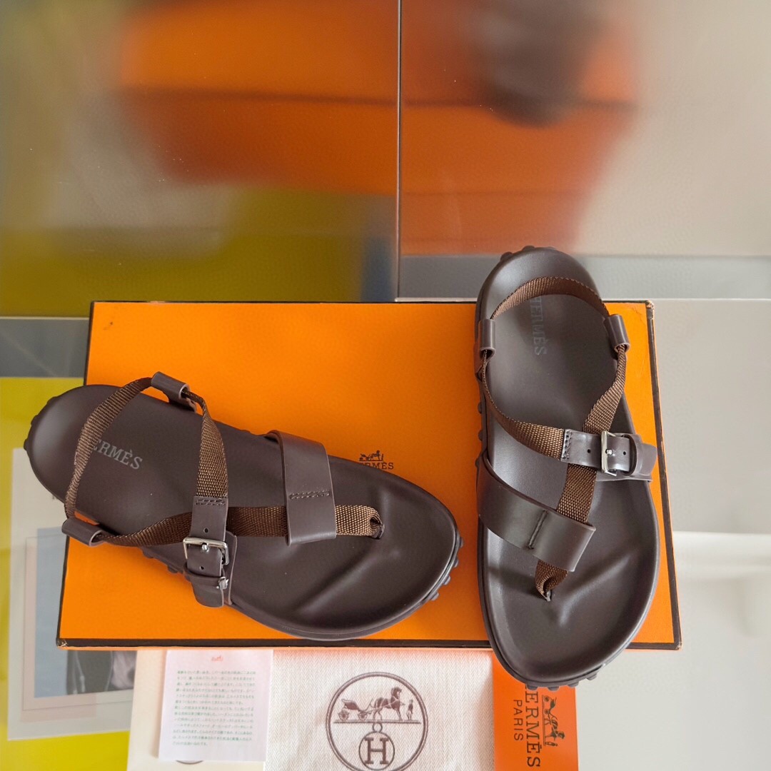 Hermes Inboard Sandals in Burgundy Leather and Ribbon