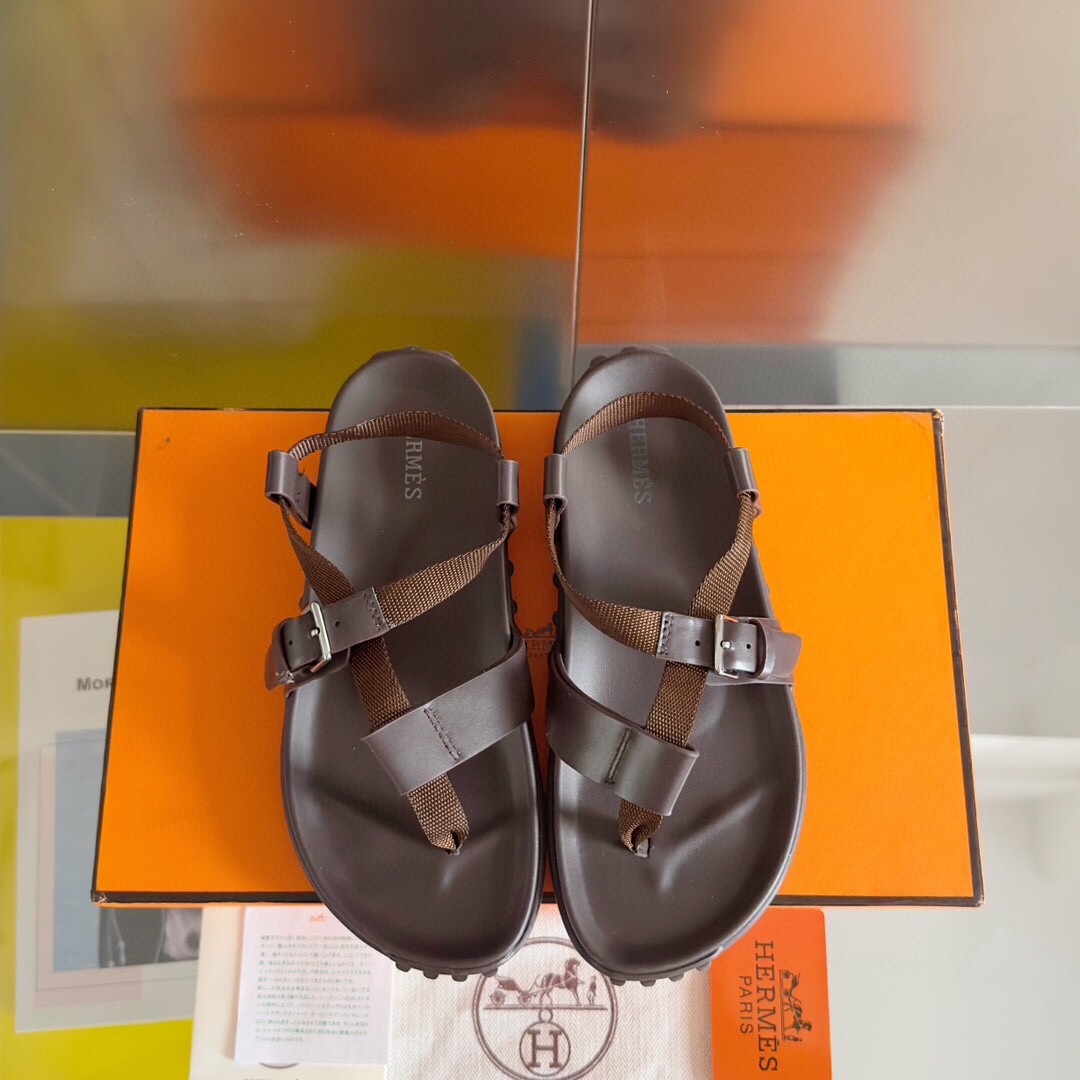 Hermes Inboard Sandals in Burgundy Leather and Ribbon