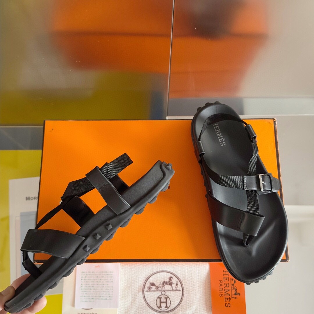 Hermes Inboard Sandals in Black Leather and Ribbon