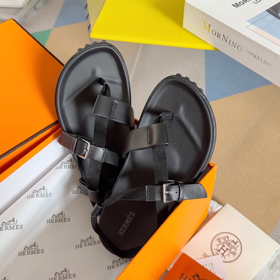 Hermes Inboard Sandals in Black Leather and Ribbon