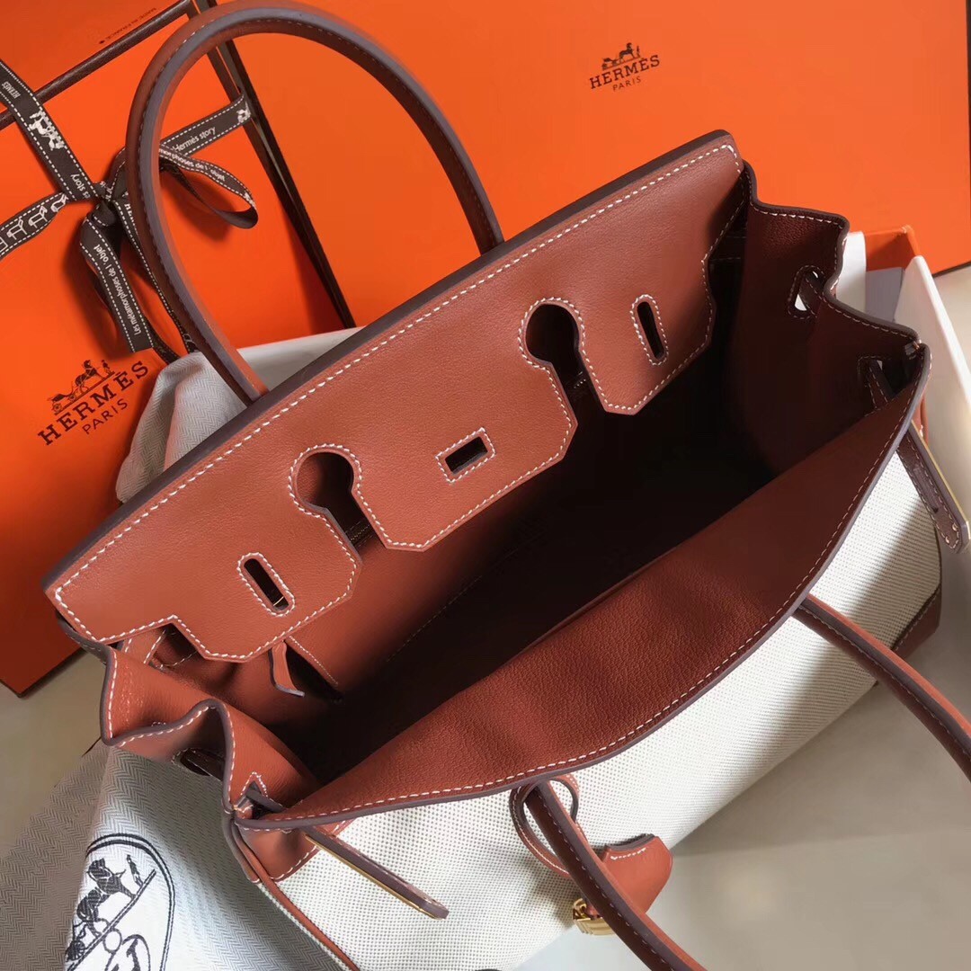 Hermes Canvas Birkin 35cm Bag With Brown Leather