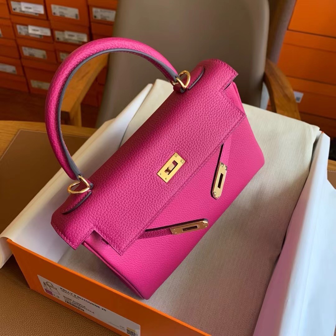 Hermes Kelly Retourne 25 Handmade Bag In Rose Purple Clemence Leather