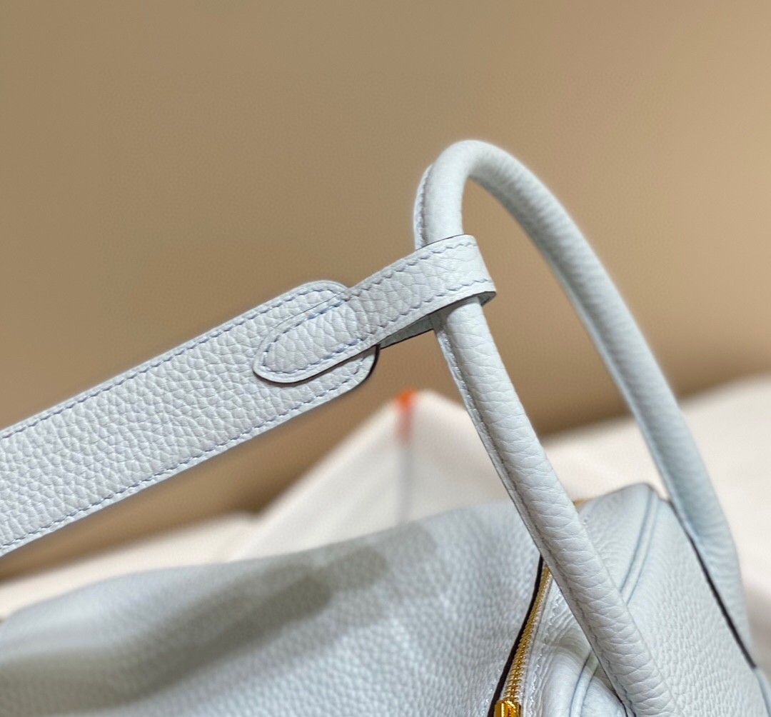 Hermes Lindy 26cm Bag In Blue Brume Clemence Leather GHW