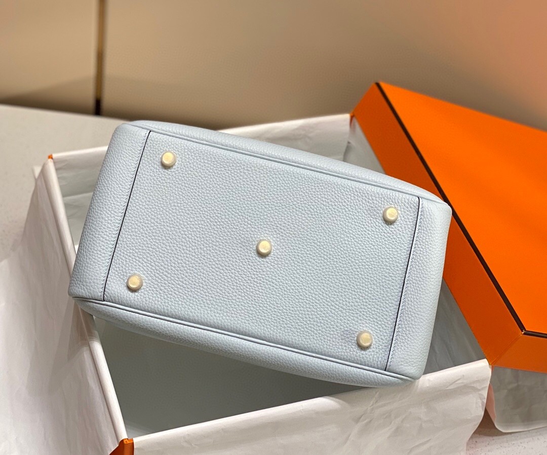 Hermes Lindy 26cm Bag In Blue Brume Clemence Leather GHW