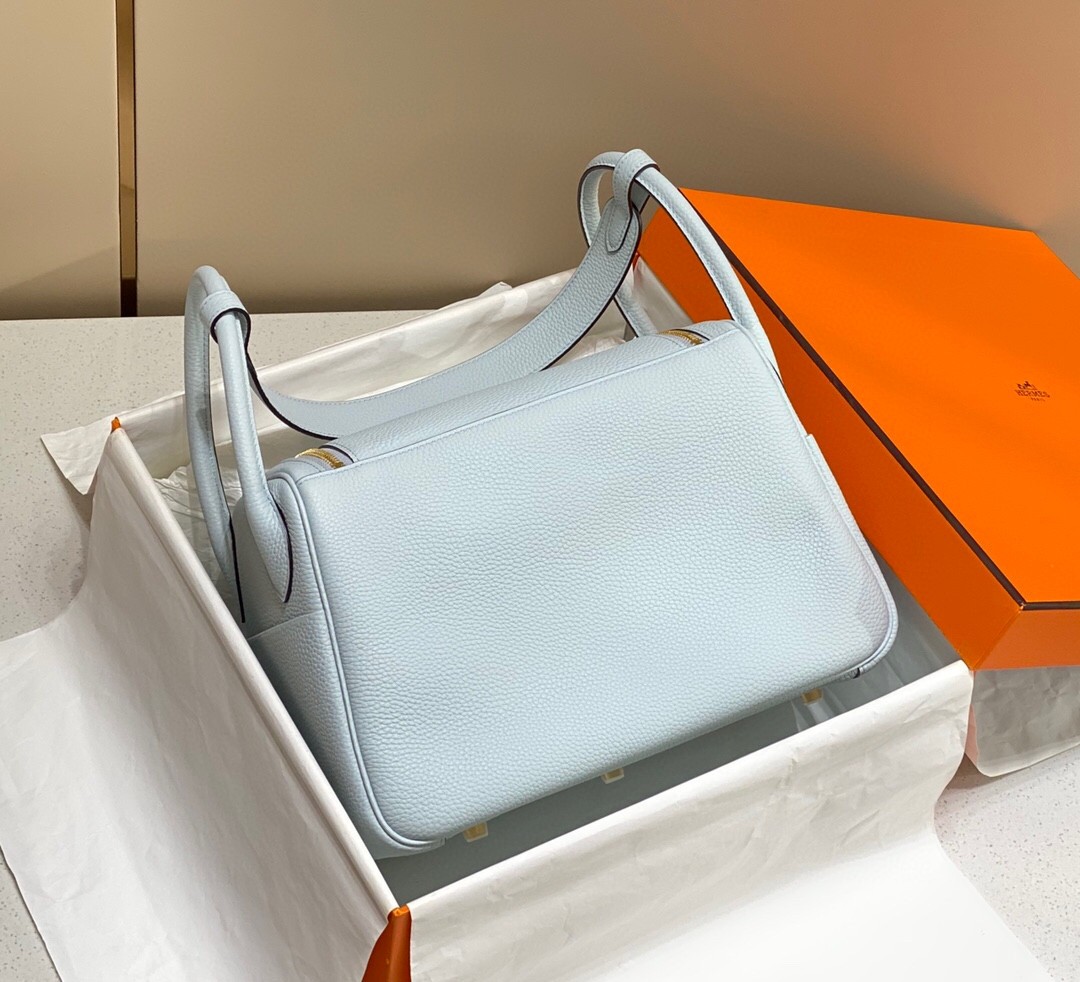 Hermes Lindy 26cm Bag In Blue Brume Clemence Leather GHW