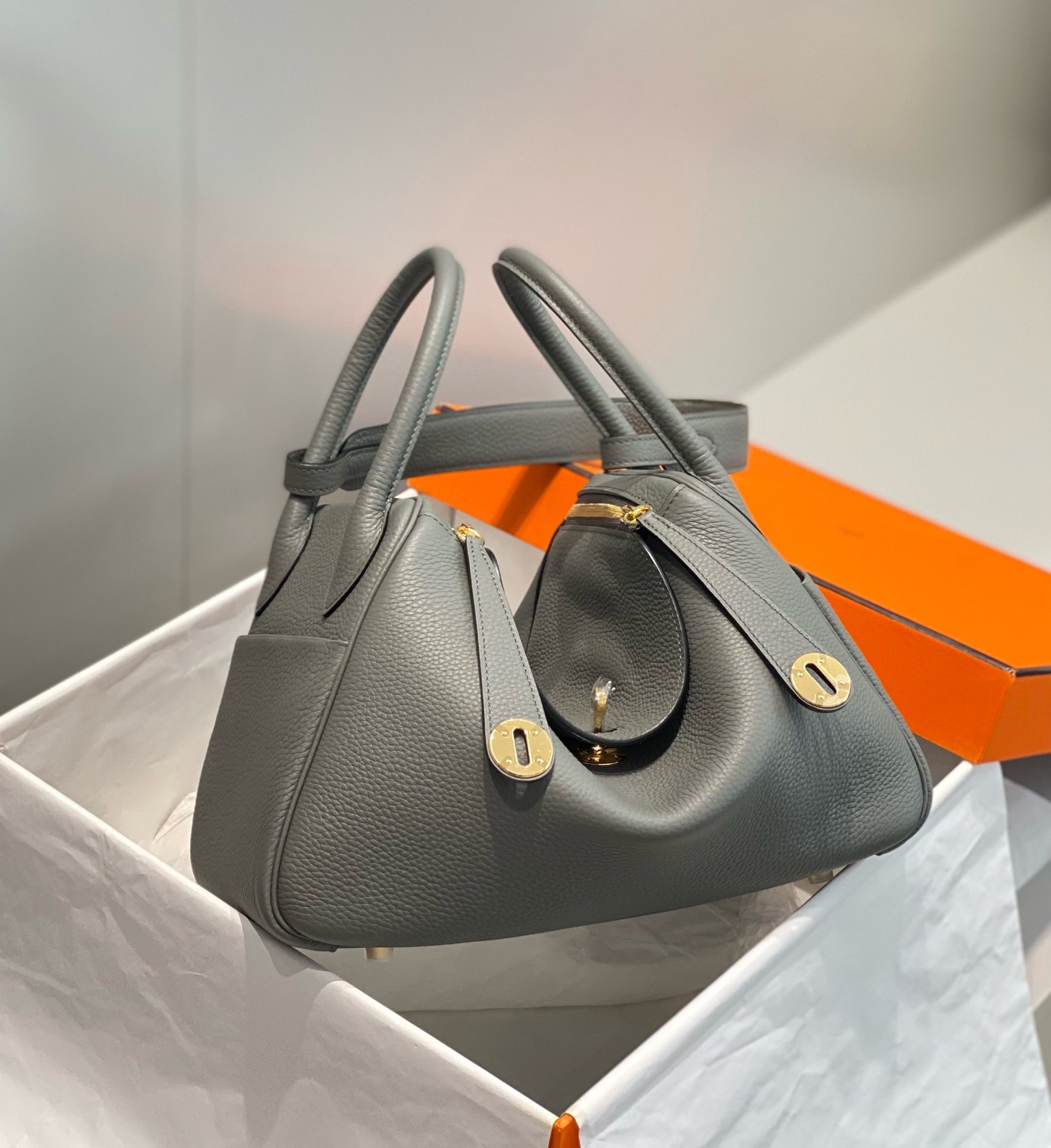 Hermes Lindy 30cm Bag In Gris Meyer Clemence Leather GHW
