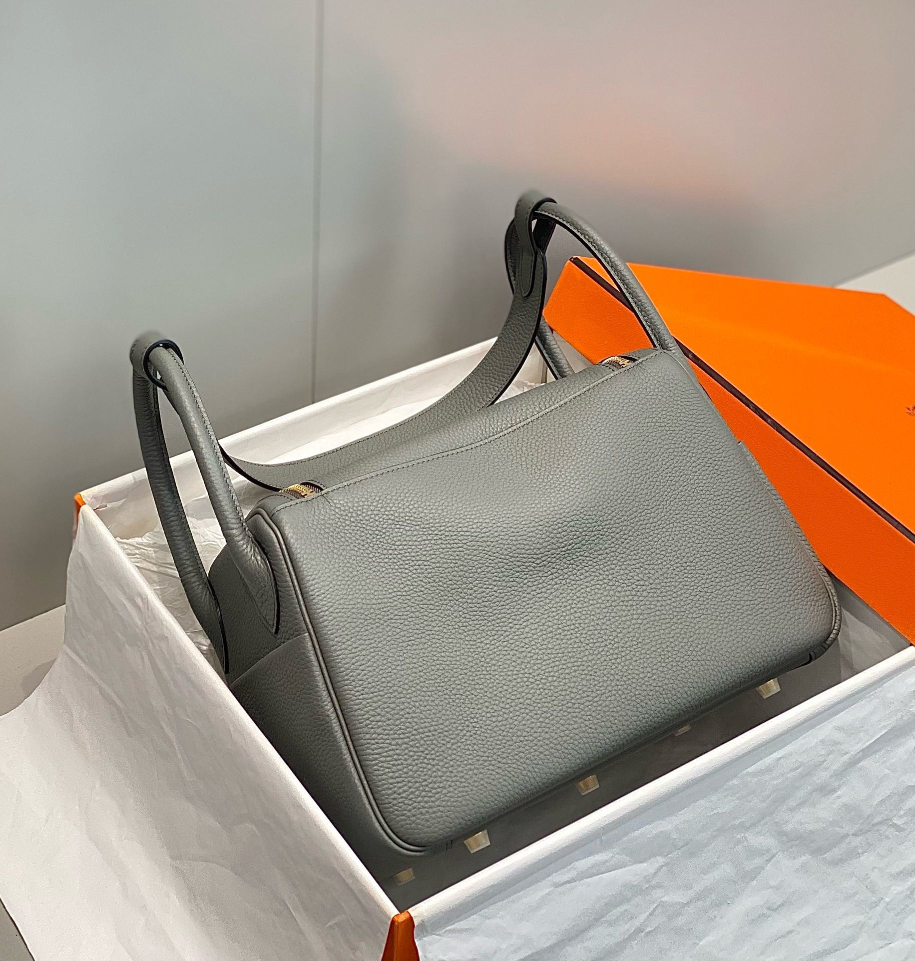Hermes Lindy 30cm Bag In Gris Meyer Clemence Leather GHW