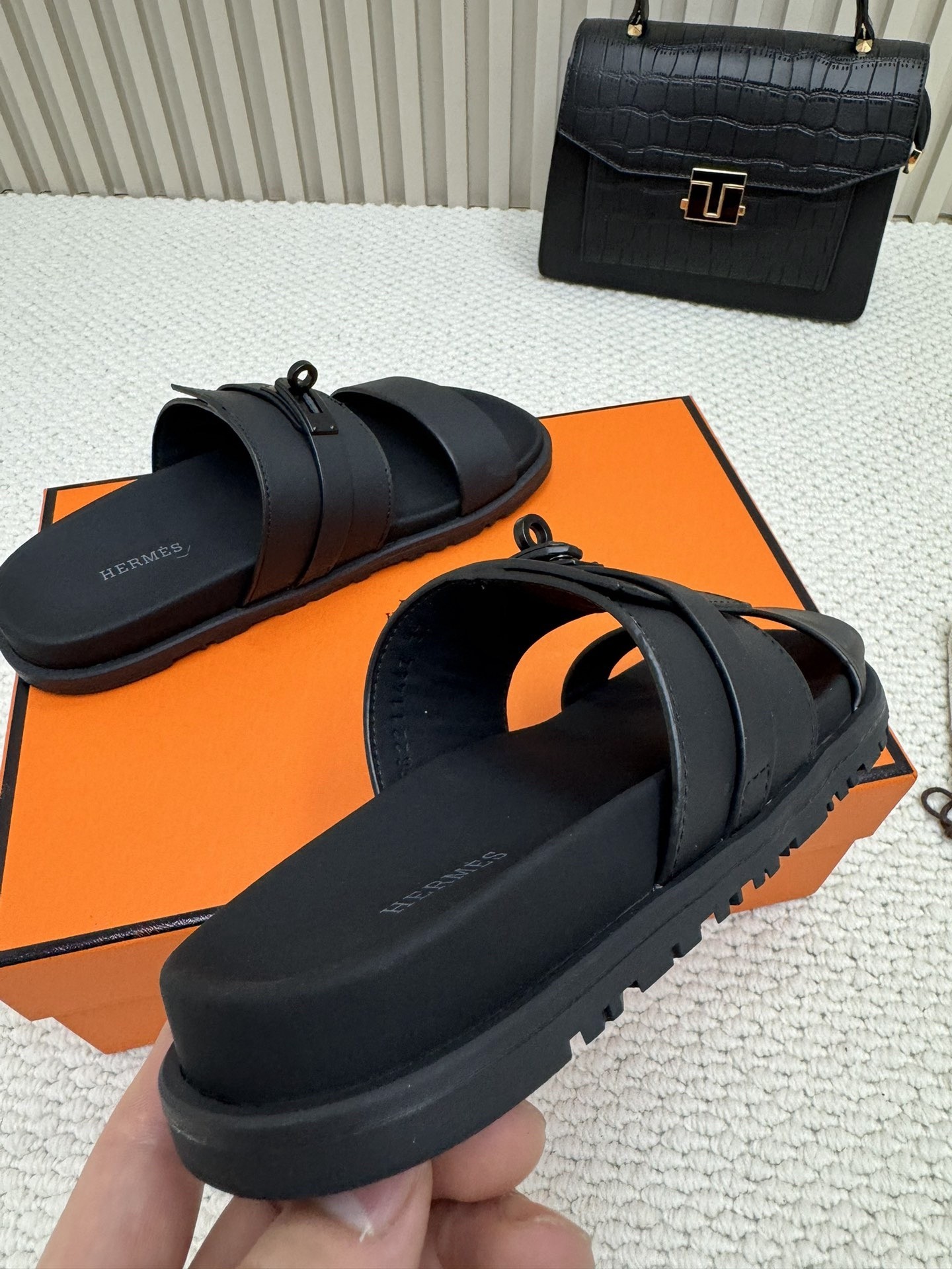 Hermes Men's Jackson Sandal in Black Calfskin