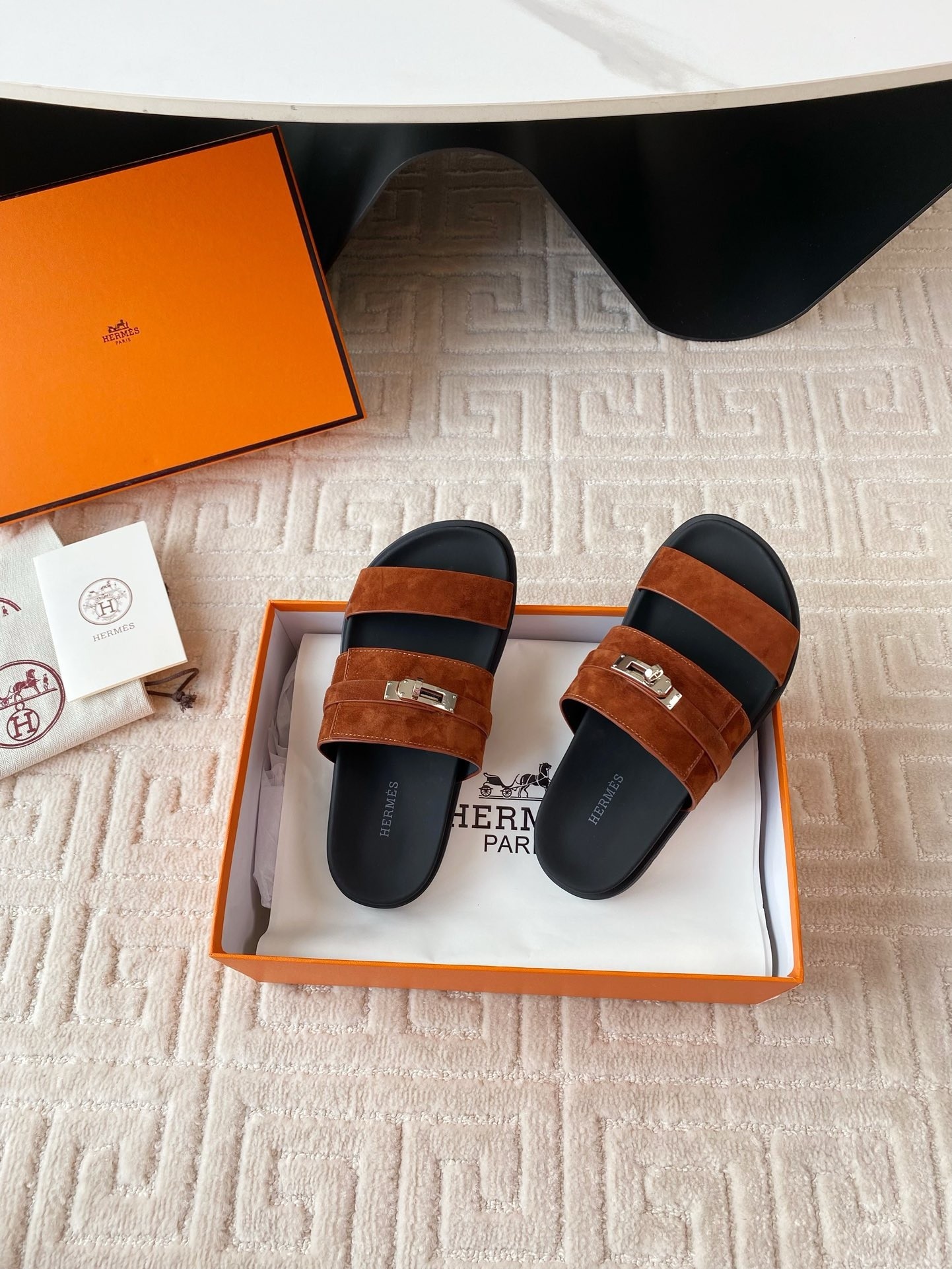 Hermes Men's Jackson Sandal in Brown Suede Leather
