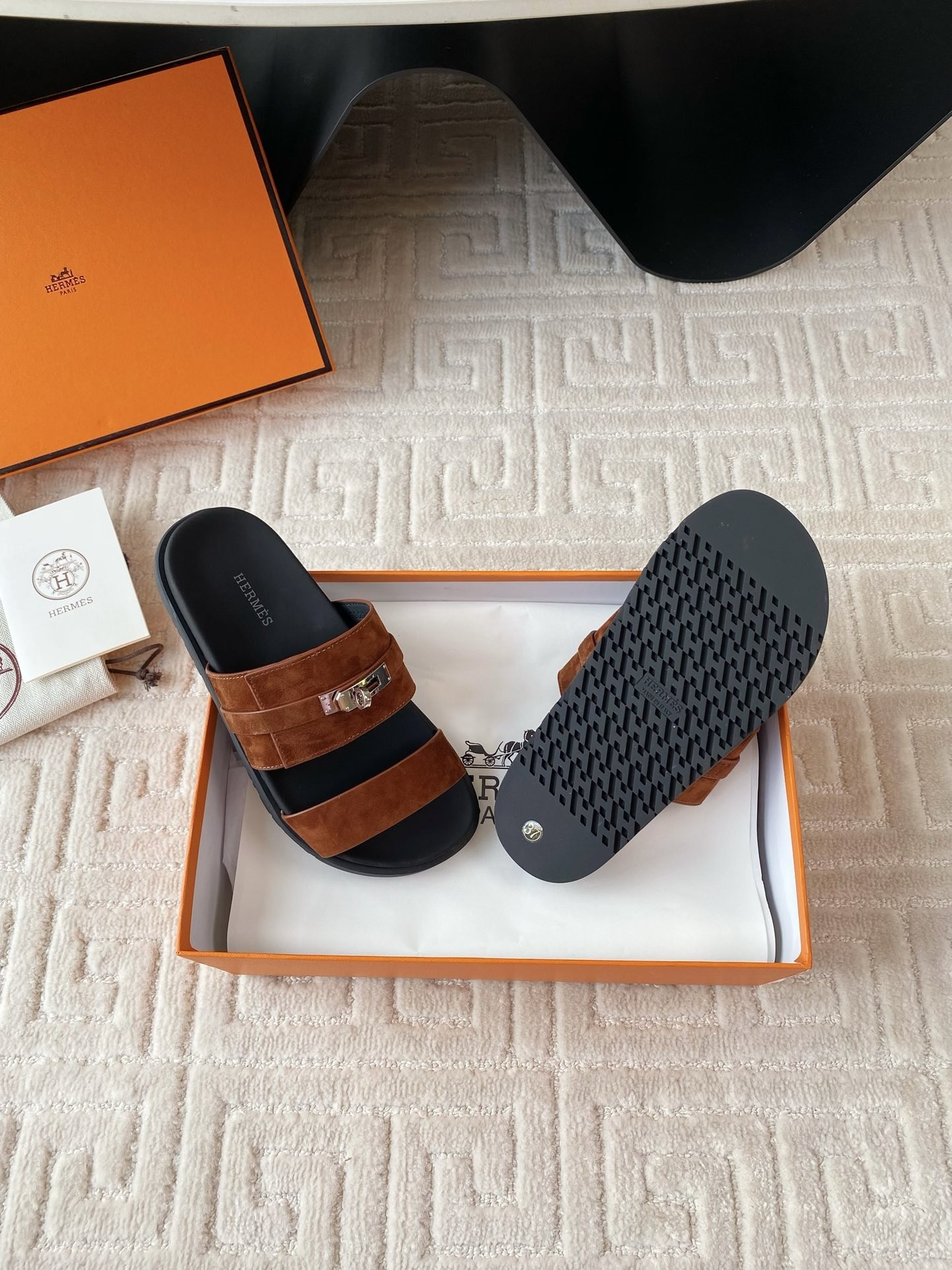Hermes Men's Jackson Sandal in Brown Suede Leather