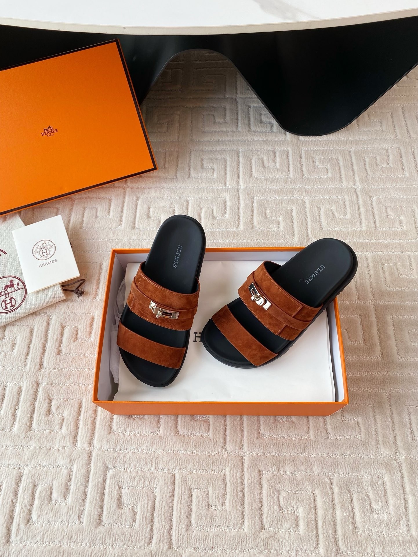 Hermes Men's Jackson Sandal in Brown Suede Leather