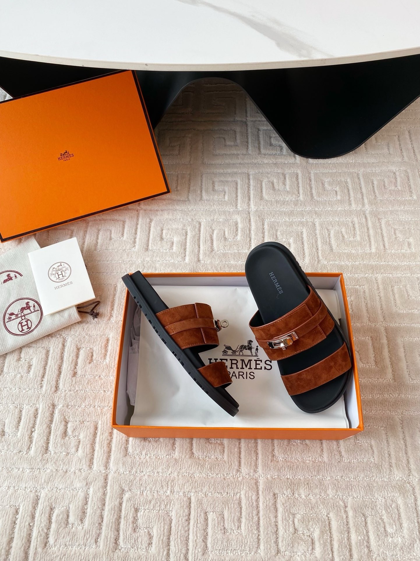 Hermes Men's Jackson Sandal in Brown Suede Leather