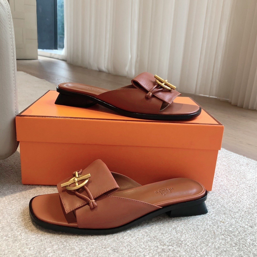 Hermes Women's Isle Sandals in Brown Leather