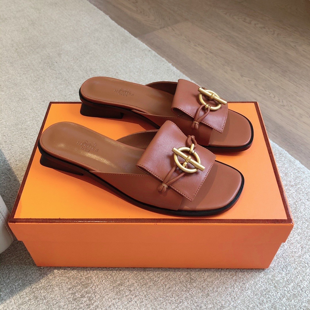 Hermes Women's Isle Sandals in Brown Leather