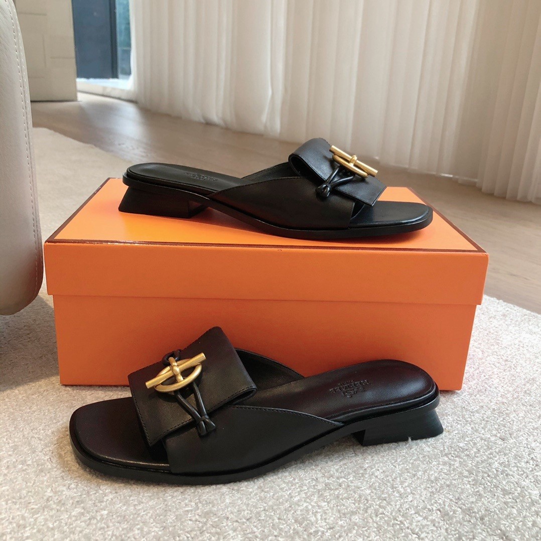 Hermes Women's Isle Sandals in Black Leather